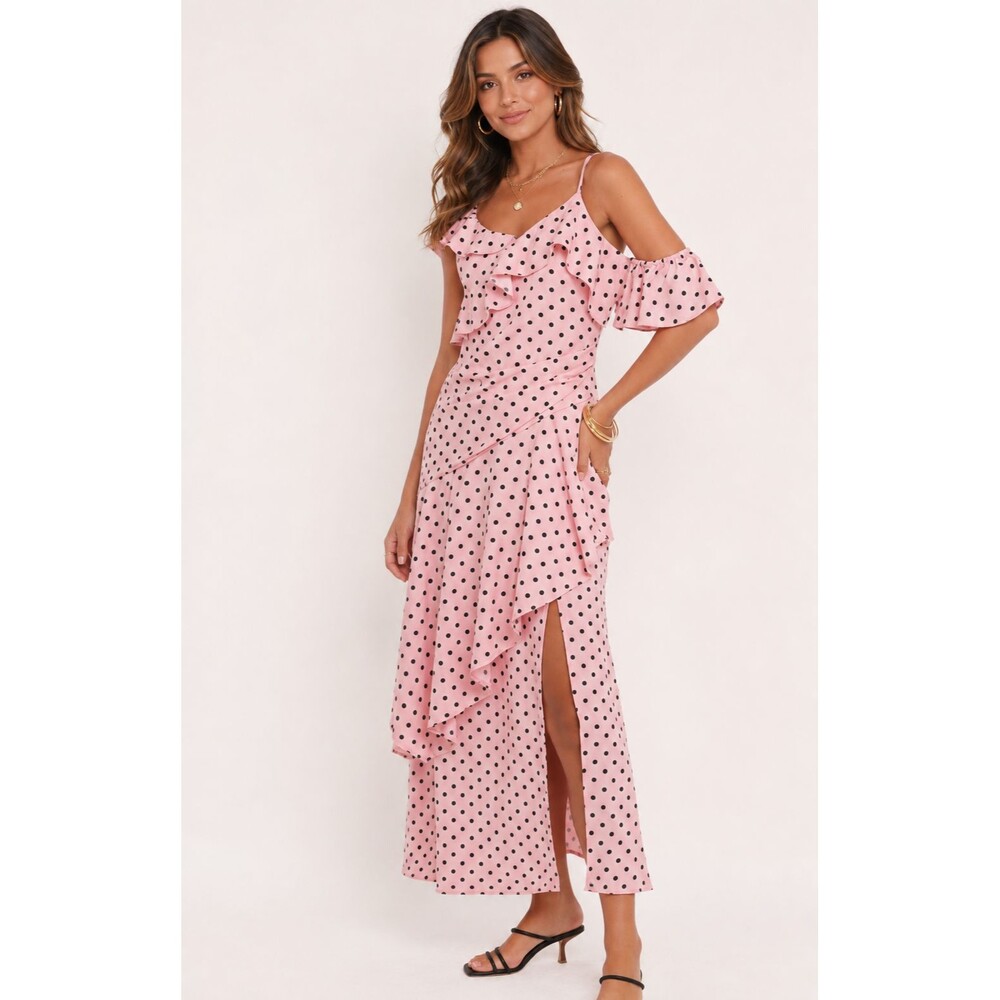 PETAL + PUM Women's New LARGE Maxi Dress Pink Polka Dot Romantic Ruffle DA5227A